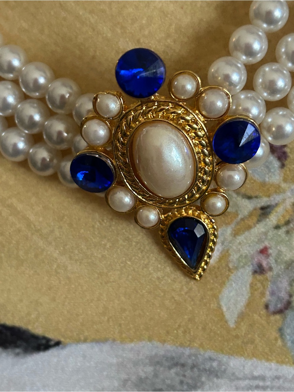 Pearl Multi-Strand Necklace with Gold and Royal Blue Accents - Picture 2 of 5